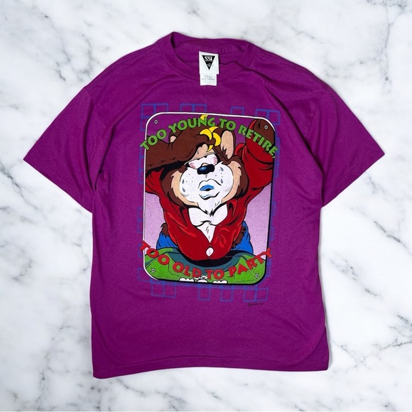 Vintage 90s Single Stitch Mr. Bear Too Young to Retire Too Old to Party Tee - Picture 9 of 9